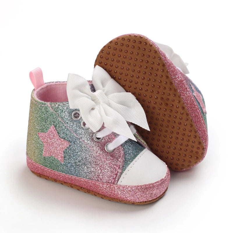 Cute 0-18M Spring Newborn Silver Baby Shoes Non Slip Cloth Bottom Girl Shoes Elegant Breathable Casual Baby First Walking Shoes
