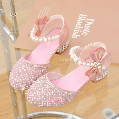 Rhine stones Princess Party Shoes Shiny Crystal Bow White Children High Heels Girls Sandals Summer Kids Student Performance Shoes