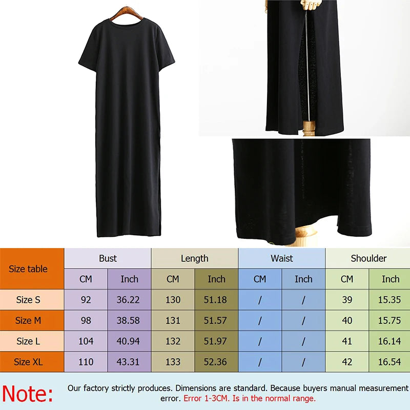 Summer Korean Style Midi Dress Women Casual Black Long Dresses Short Sleeve Sexy Plus Size Side Open Party Maxi T Shirt Dress