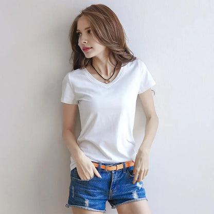 Women T-shirt V-neck Short Sleeve Slim Fit T-shirt Solid Color Pullover Tops Stretchy Bottoming Shirt Women Blouse Streetwear