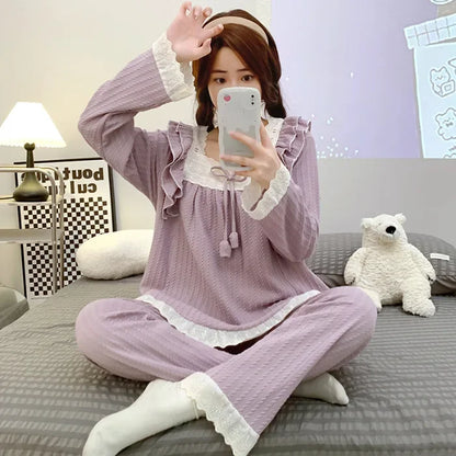 5XL Plus Size Spring Ladies Pajamas Set Princess Style Cotton Soft Sleepwear Square Neck Long-sleeve Trousers suit Household Wear