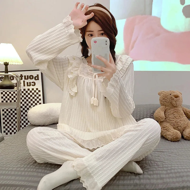 5XL Plus Size Spring Ladies Pajamas Set Princess Style Cotton Soft Sleepwear Square Neck Long-sleeve Trousers suit Household Wear