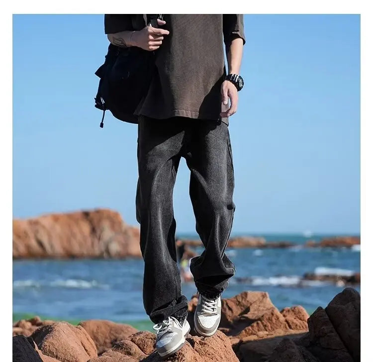 New Retro Washed Large Medium High Waist Men's Straight Blue Men's Trendy Denim Long Pants Men's Clothing Pantalon Homme Jean