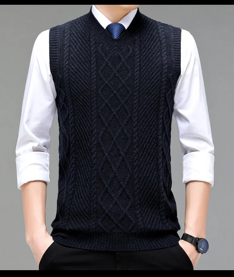Stylish V-neck Jacquard Knit Sleeveless Sweater Vest for Men Middle-aged Men Fashion Solid Color Warm Top