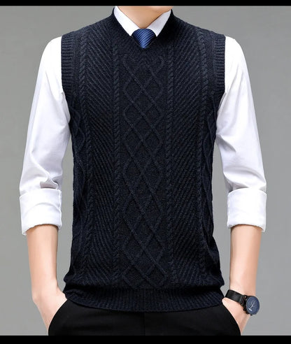 Stylish V-neck Jacquard Knit Sleeveless Sweater Vest for Men Middle-aged Men Fashion Solid Color Warm Top