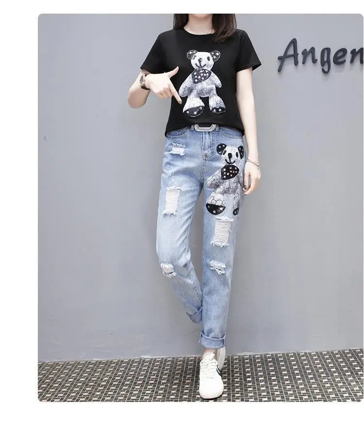 Cartoon Print Short Sleeve T-shirt Perforated Jeans Two Piece Elegant Women's Pants Set Summer Outfit Leisure Sports Suit