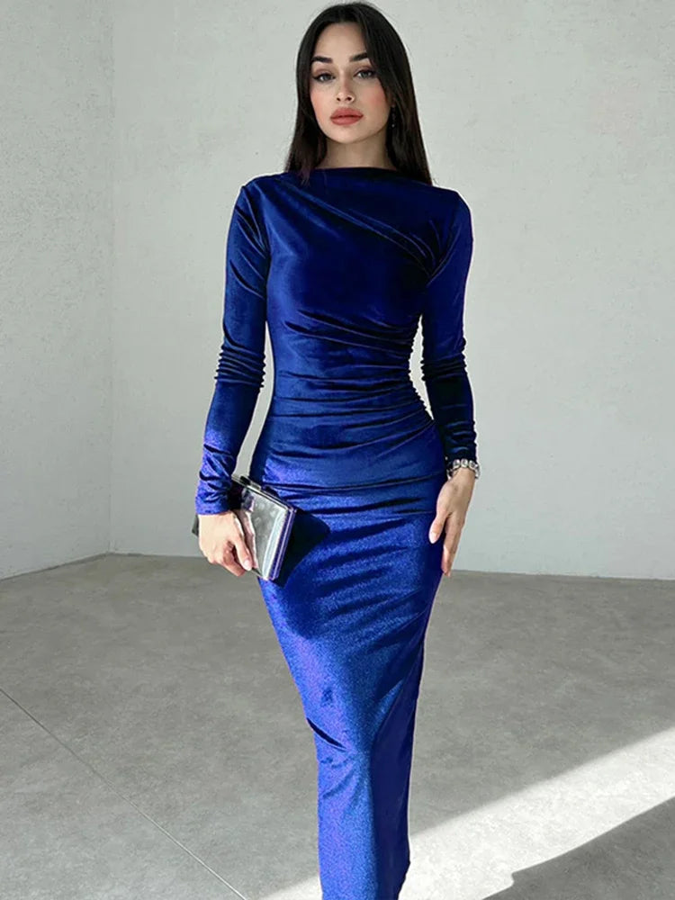 BWQ 2025 Spring Summer Velvet Long Sleeve Midi Dress For Women Ruched Long Dress Elegant Party Clothes Evening Green Outfits