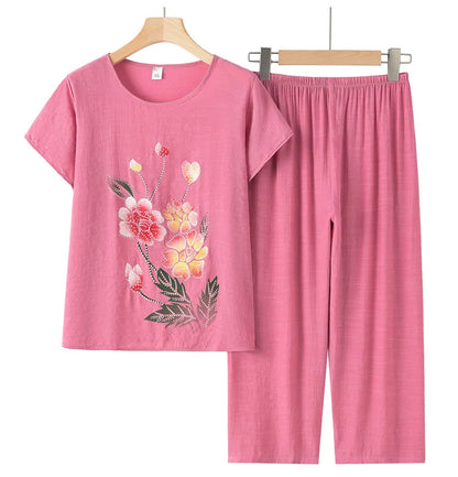 Summer Women Clothing Middle Aged Mother Short Sleeved Cotton Linen Sleepwear Set Printed Large Size Grandma Pajamas Suit 4XL