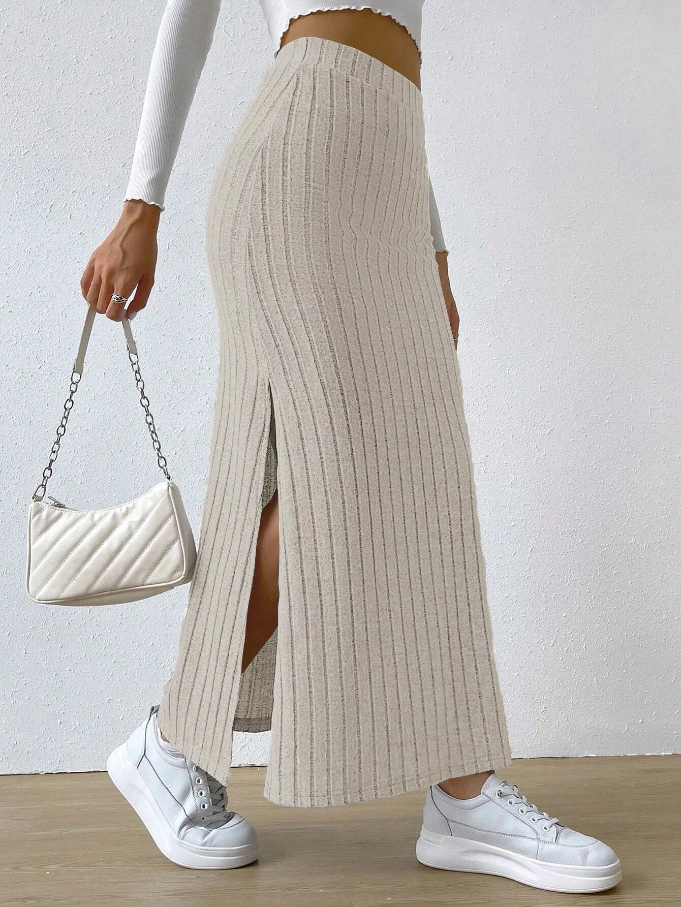 Women's Slit Knitted Skirt 2025 New Solid Color Hip-covering High Waist Side Slim Long Skirt Women's Skirt