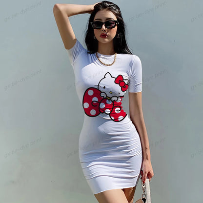 Short Sleeve Bodycon Mini Dress Women Sexy Party Club Evening Birthday Hello Kitty Print Dresses 2025 Spring Summer Wholesale
