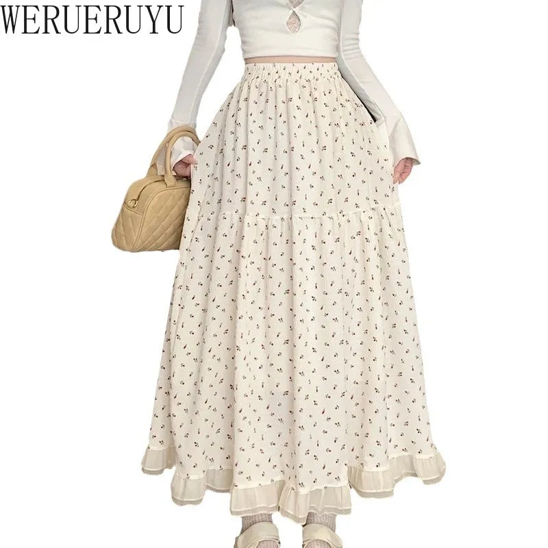 Summer White Floral Long Skirt Womens Y2k Clothes Fashion Elastic High Waist Casual Elegant Spliced Gauze Skirts for Women 2025