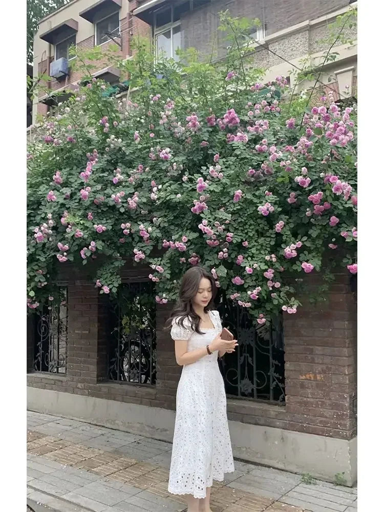 Summer Elegant Korean Chic White Midi Dress Women French Hollow Out Sexy Kawaii Vestidos De Fiesta Fashion Short Sleeve Dress