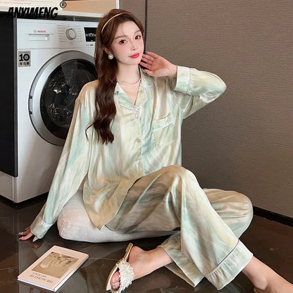 Women Casual Luxury Pajamas Thin Pajamas Female Sleepwear New Elegant Ladies Faux Silk Polyester Dots Pajama Sets Sexy Home wear