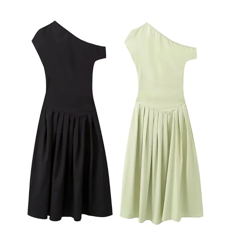 DSMTRC 2025 New Casual Office Lady Vestidos Streetwear Elegant Green Diagonal Collar Pleated Short Sleeve Patchwork Chic Dress