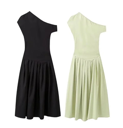 DSMTRC 2025 New Casual Office Lady Vestidos Streetwear Elegant Green Diagonal Collar Pleated Short Sleeve Patchwork Chic Dress