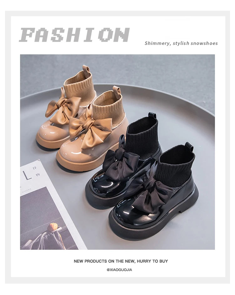 Children's Boots Fashion PU Solid Black Bow Girls Uniform 2025 Spring and Autumn New Kids Fashion Flying Knit School Socks Shoes