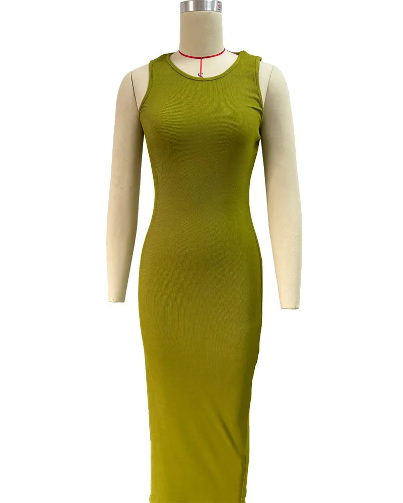 Sexy Sleeveless Knitted Long Dress for Women Fashion O-neck Pure Color Bodycon Dress Summer Split Package Hips Party Dress Black