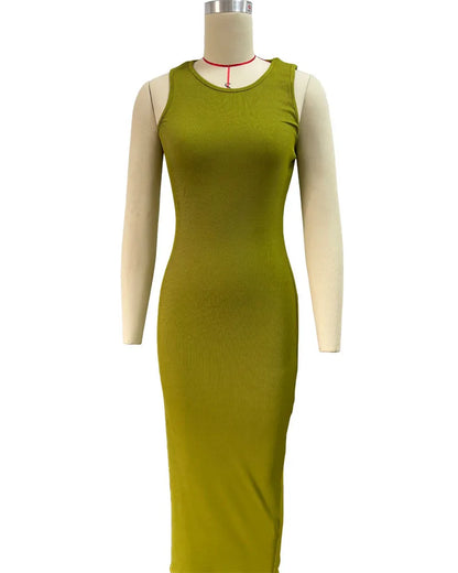 Sexy Sleeveless Knitted Long Dress for Women Fashion O-neck Pure Color Bodycon Dress Summer Split Package Hips Party Dress Black