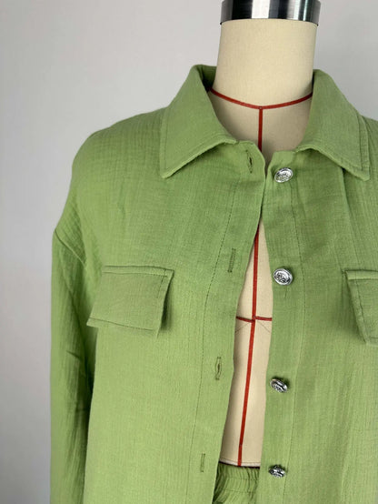 Summer outfits for women 2025 New Loose Button Long Sleeve Shirt and Cropped Pants Casual Sports Summer women's suit Pants Set