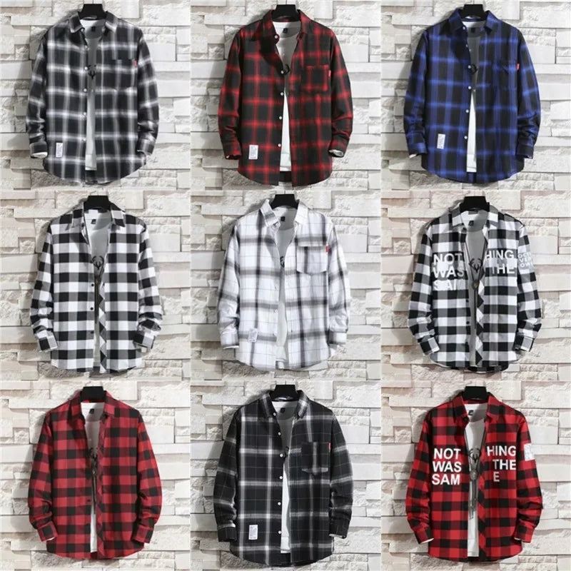 Spring New Korean Style Plaid Shirts Men's Handsome Long-sleeved Loose Casual All-matching Shirt Coats 2025 Trend Men's Clothing