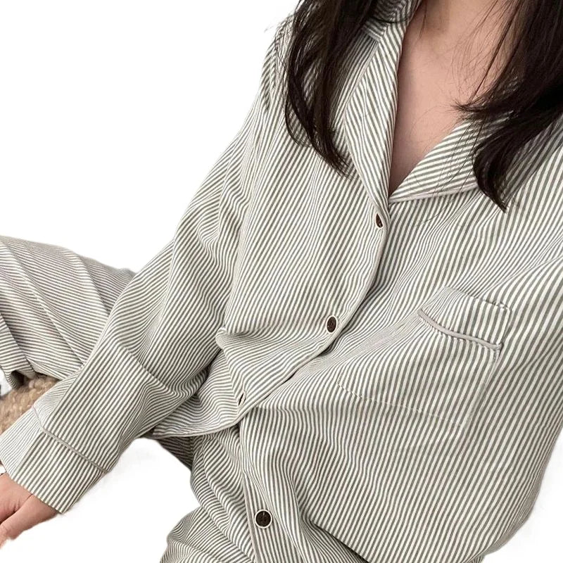 Striped Sleepwear Women Pajama Sets Korean Pajama Autumn Pants Sets for Women 2 Pieces Button Night Wears Long Sleeve Home Suit
