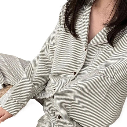 Striped Sleepwear Women Pajama Sets Korean Pajama Autumn Pants Sets for Women 2 Pieces Button Night Wears Long Sleeve Home Suit