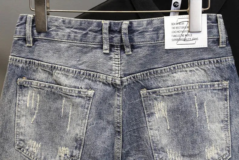 Korean Luxury Clothing Men's Summer Denim Knee Length Shorts 2025 Fashion Designer Ripped Hole Cowboy Korean Slim Short Pants