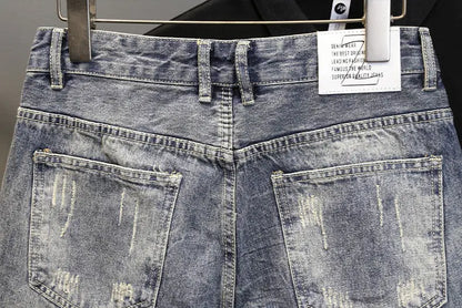 Korean Luxury Clothing Men's Summer Denim Knee Length Shorts 2025 Fashion Designer Ripped Hole Cowboy Korean Slim Short Pants