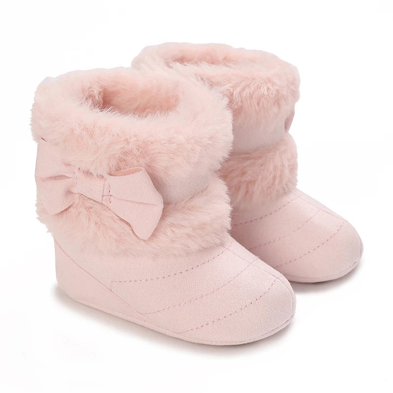 Cute Bowknot Comfortable Boots For Baby Girls Soft Warm Plus Fleece Boots For Indoor Walking Autumn And Winter