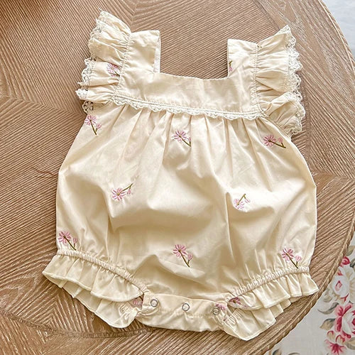 Newborn Baby Girls Jumpsuit Flying Sleeve Cotton Flower Embroidery Toddler Baby Girl Bodysuits Baby Girls Clothes For Summer