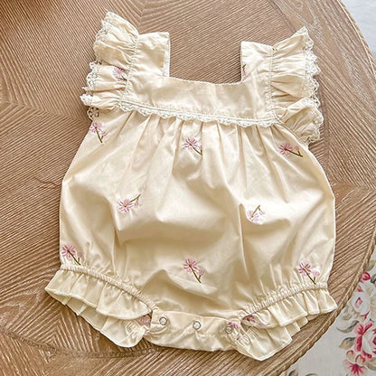 Newborn Baby Girls Jumpsuit Flying Sleeve Cotton Flower Embroidery Toddler Baby Girl Bodysuits Baby Girls Clothes For Summer