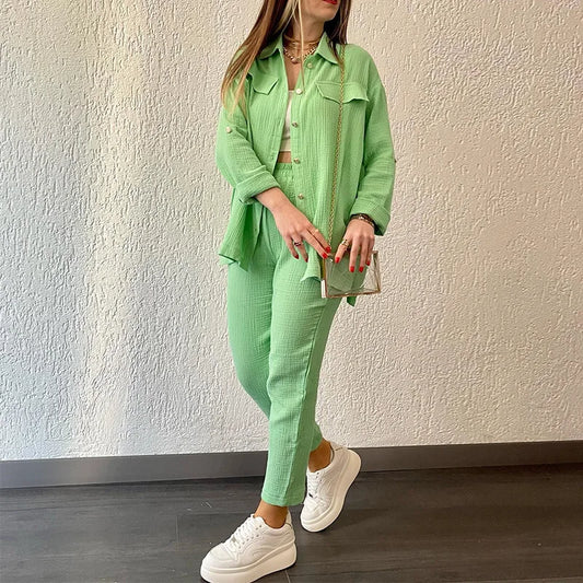 Summer outfits for women 2025 New Loose Button Long Sleeve Shirt and Cropped Pants Casual Sports Summer women's suit Pants Set