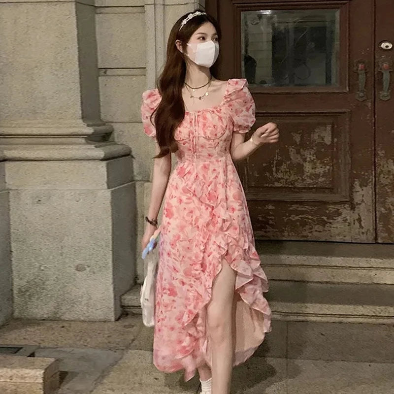 Short Sleeve French Elegant Dress Beach Floral One Piece Beach Midi Dress