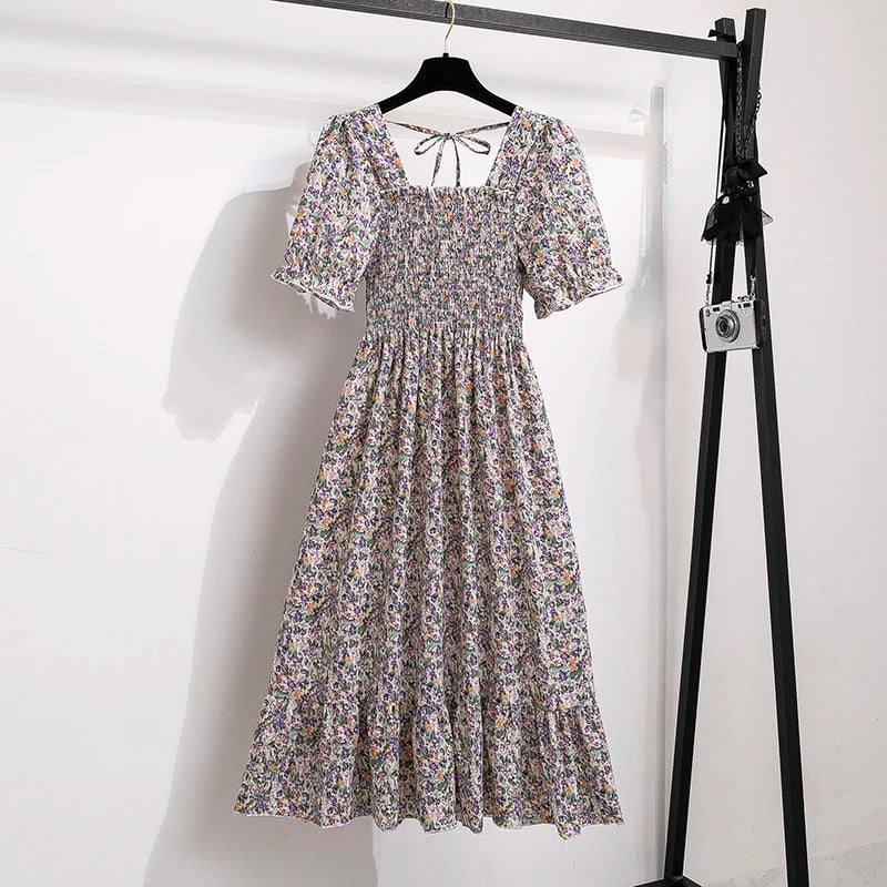 Summer Pleated Women Chiffon Dresses Casual Beach Holiday Short Sleeve Square Collar Woman Midi Dress Bohemian