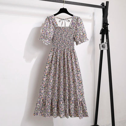 Summer Pleated Women Chiffon Dresses Casual Beach Holiday Short Sleeve Square Collar Woman Midi Dress Bohemian