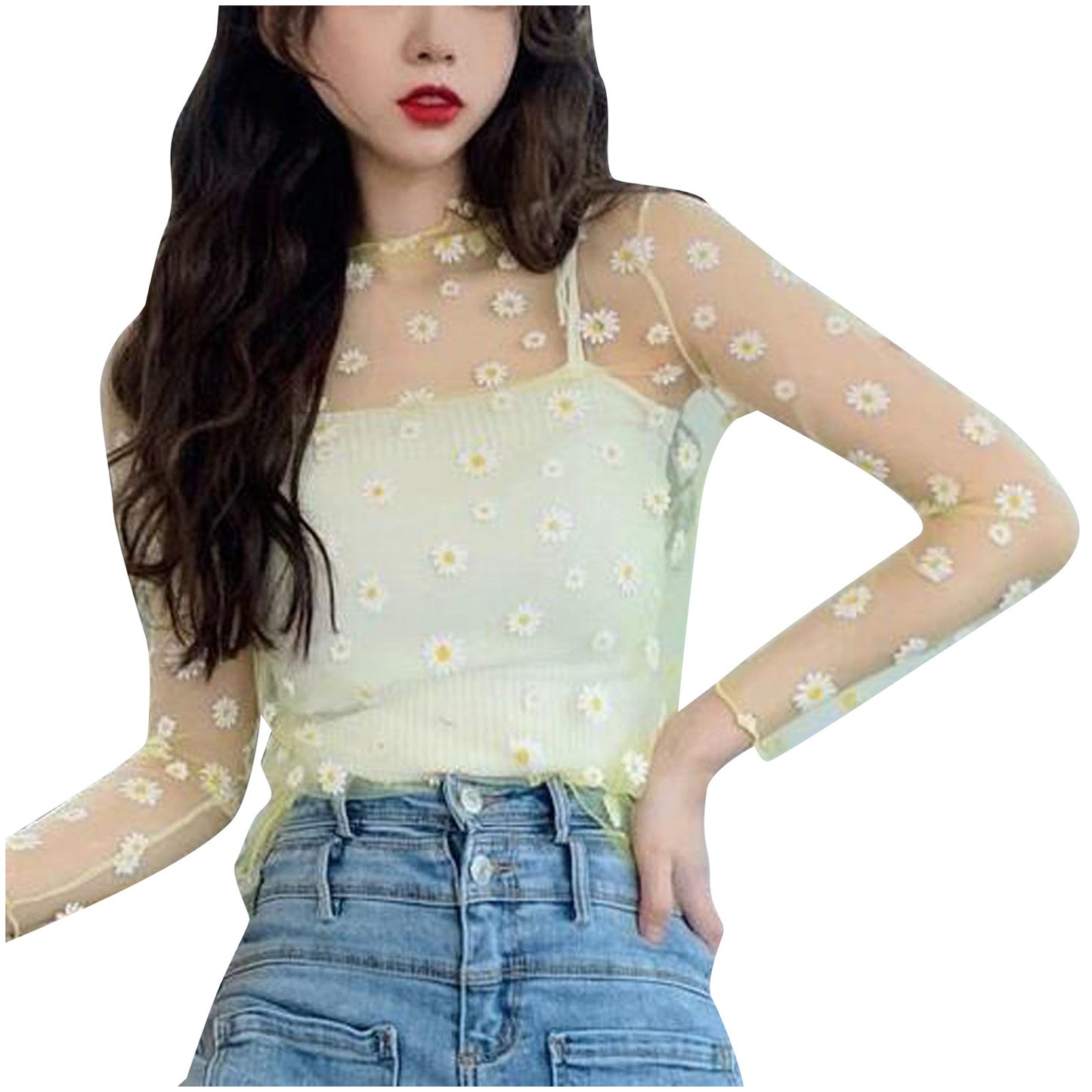 Women Daisy Print Lace Sheer Tops Sexy Tees Long Sleeve Thin Mesh Shirts Fashion Ladies Top 2025 Summer Sunscreen Blouse