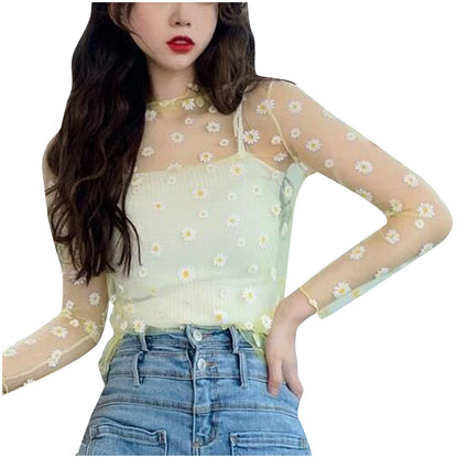 Women Daisy Print Lace Sheer Tops Sexy Tees Long Sleeve Thin Mesh Shirts Fashion Ladies Top 2025 Summer Sunscreen Blouse