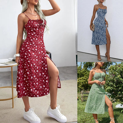 Women's Clothing Summer 2025 Trend Floral Dress, Flower Print Spaghetti Strap Sleeveless  with High Slit for Ladies