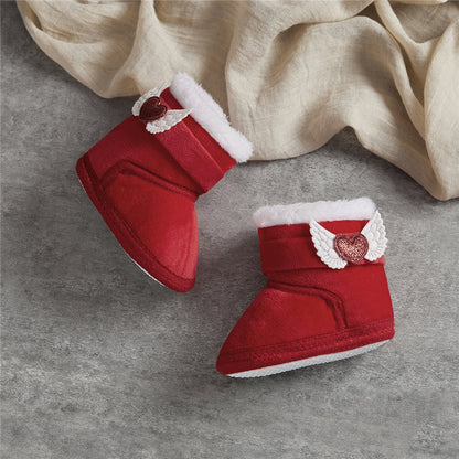 Suefunskry Newborn Baby Winter Snow Boots Contrast Color Ankle Boots Warm Plush Heart Wings Baby Walking Shoes for Toddler 0-18M