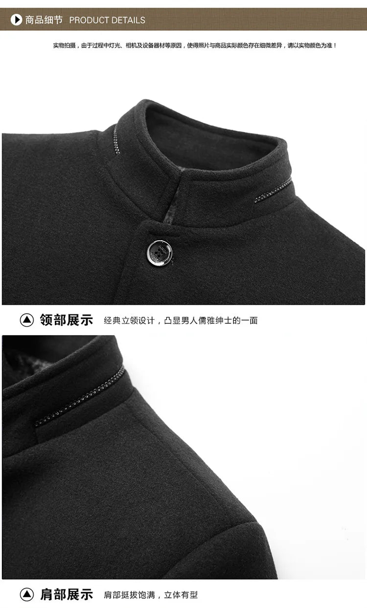 Men's Woolen Coat 2025 Autumn/Winter New Cotton Thickened Single Breasted Standing Collar Wool Blend Male Jacket