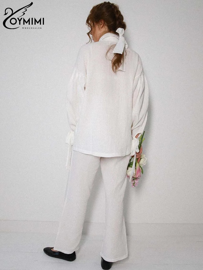 Oymimi Fashion Brown Print Two Piece Set For Women Elegant V-Neck Long Sleeve Lace-Up Shirts And Straight Full Length Pants Sets