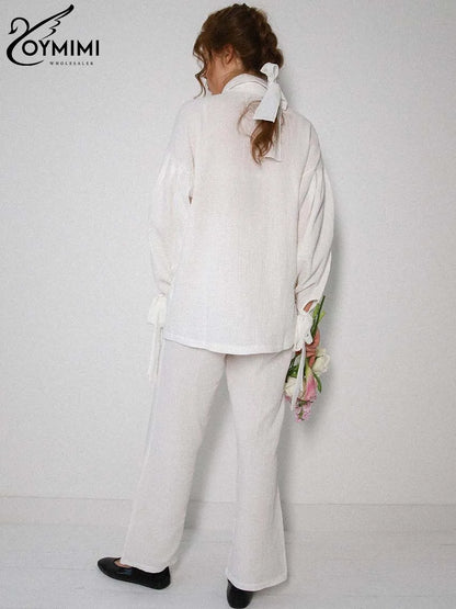 Oymimi Fashion Brown Print Two Piece Set For Women Elegant V-Neck Long Sleeve Lace-Up Shirts And Straight Full Length Pants Sets