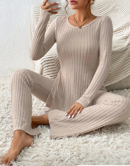 Autumn Winter Women's Clothing New Style Solid Color Sexy Casual Long Sleeved Round Neck Slit Fashion Temperament Two-piece Set