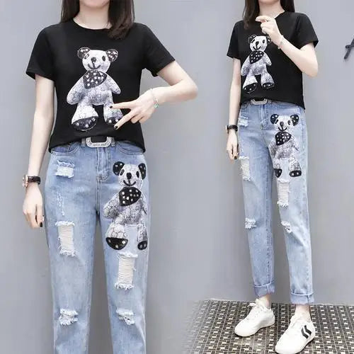 Cartoon Print Short Sleeve T-shirt Perforated Jeans Two Piece Elegant Women's Pants Set Summer Outfit Leisure Sports Suit