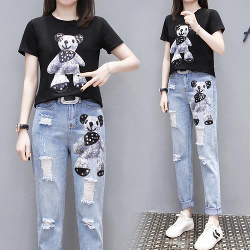 Cartoon Print Short Sleeve T-shirt Perforated Jeans Two Piece Elegant Women's Pants Set Summer Outfit Leisure Sports Suit