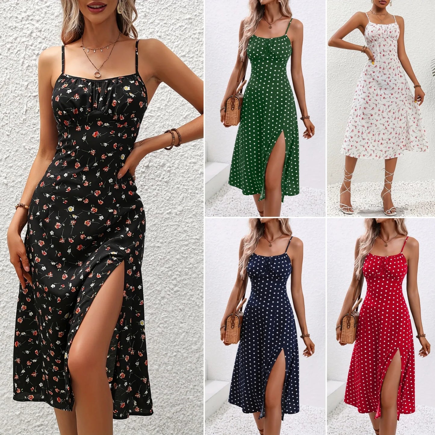2025 Summer Sexy Spaghetti Straps Dress Women Fashion Polka Dot Print Sleeveless Slit Dress Boho Casual Beach Midi Dresses