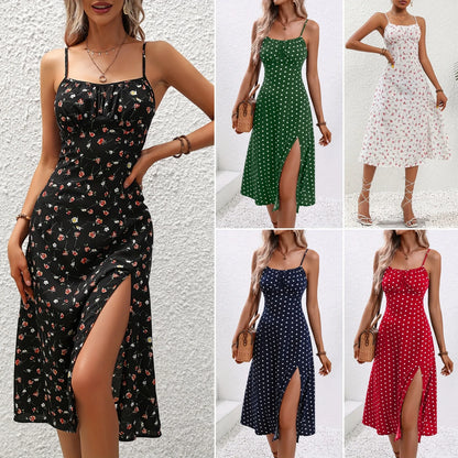 2025 Summer Sexy Spaghetti Straps Dress Women Fashion Polka Dot Print Sleeveless Slit Dress Boho Casual Beach Midi Dresses