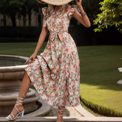 Elegant Floral Prints Dresses For Summer Women Dress 2025 New O-neck Short Flying Sleeves Lace Up High Waisted Midi Dress Woman