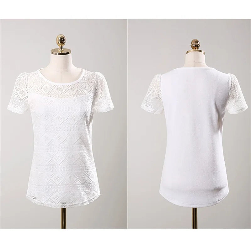 New Women Clothing Chiffon Blouse Lace Crochet Female Korean Shirts Ladies Blusas Tops Shirt White Blouses Slim Fit Tops 2025