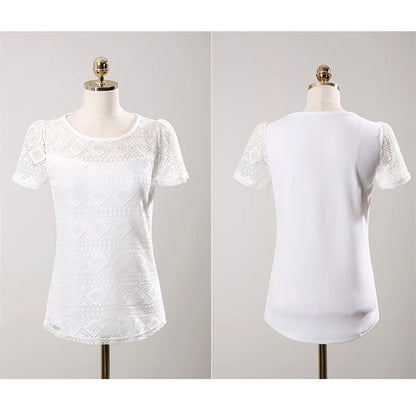 New Women Clothing Chiffon Blouse Lace Crochet Female Korean Shirts Ladies Blouse Tops Shirt White Blouses Slim Fit Tops 2025